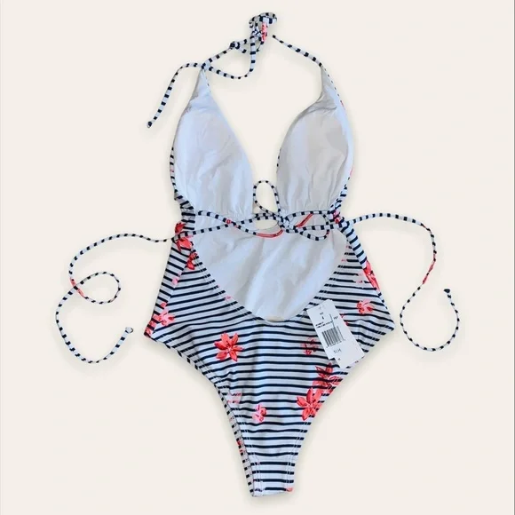 L Space Floral Bay Pamela Striped Halter Top One Piece Swimsuit Size 4 - Picture 4 of 8